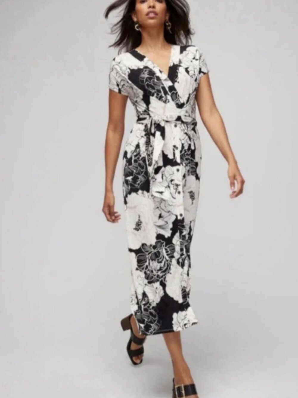 White House Black Market Black White Floral Maxi Wrap Dress Tie Waist Large